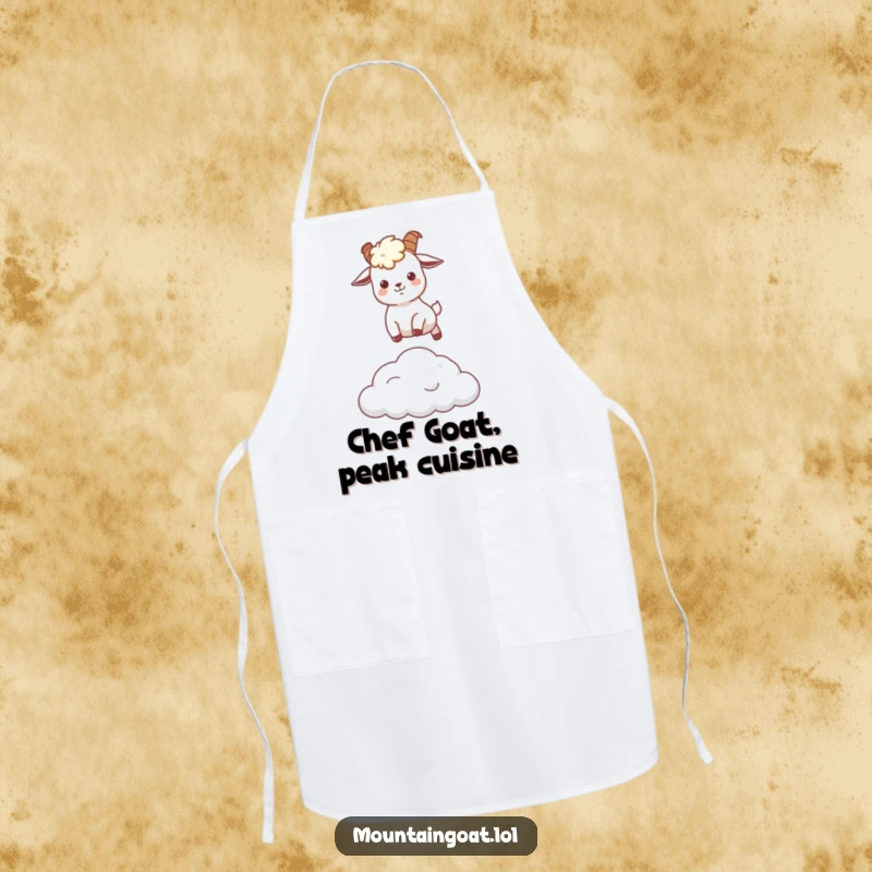 Funny kawaii mountain goat leaping over a small cloud, printed on a functional and humorous kitchen apron.