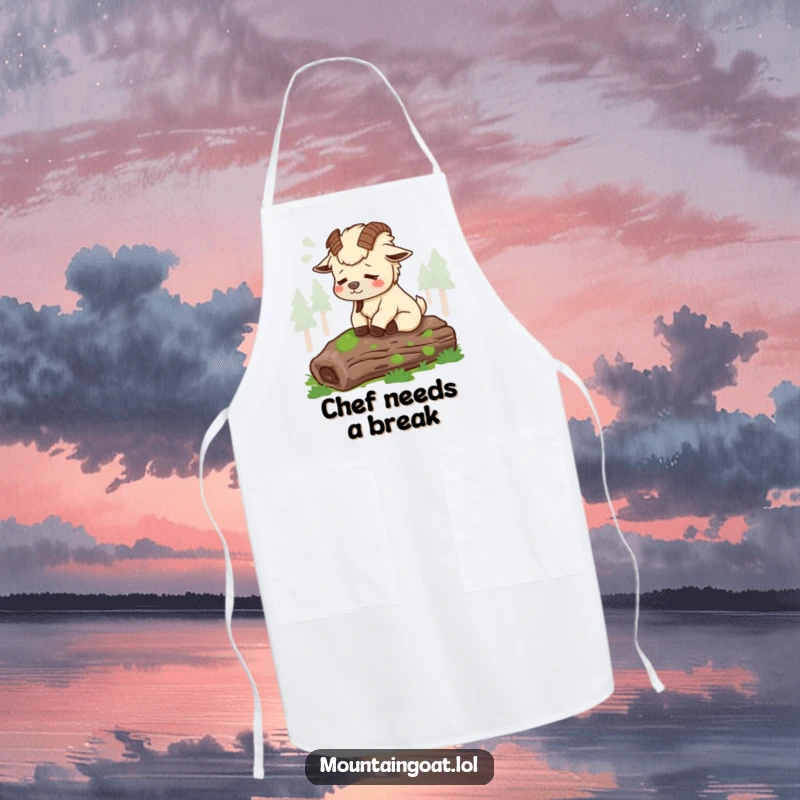 Funny tired mountain goat sighing contentedly on a mossy log, featured on a humorous apron for relaxed cooking.