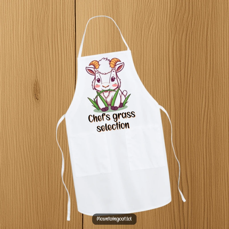 Funny mountain goat apron showing a character happily munching on grass, perfect for cooking with natural and humorous flair.