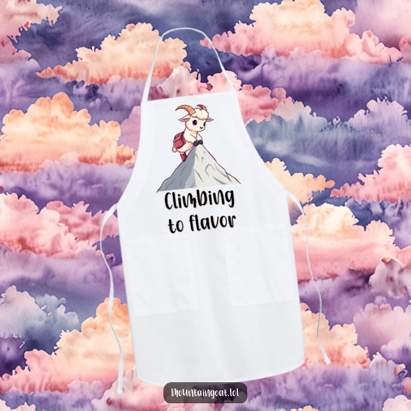 Funny apron featuring a mountain goat in hiking boots reaching a peak, ready for humorous kitchen adventures.