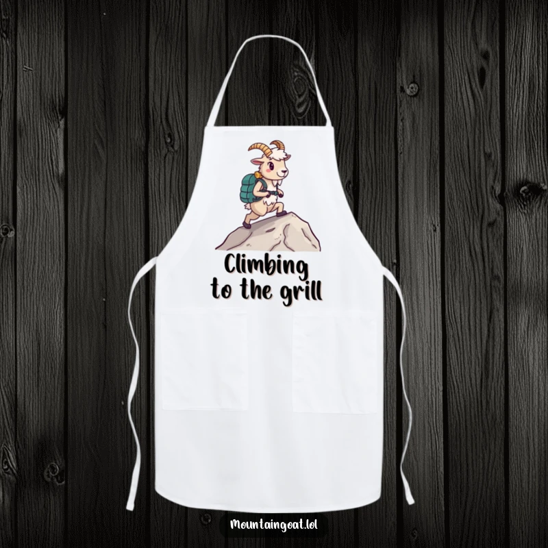 Funny Hiking Goat Apron, wearing boots and ascending a slope, kitchen accessory, adding humor to cooking, great funny gift.