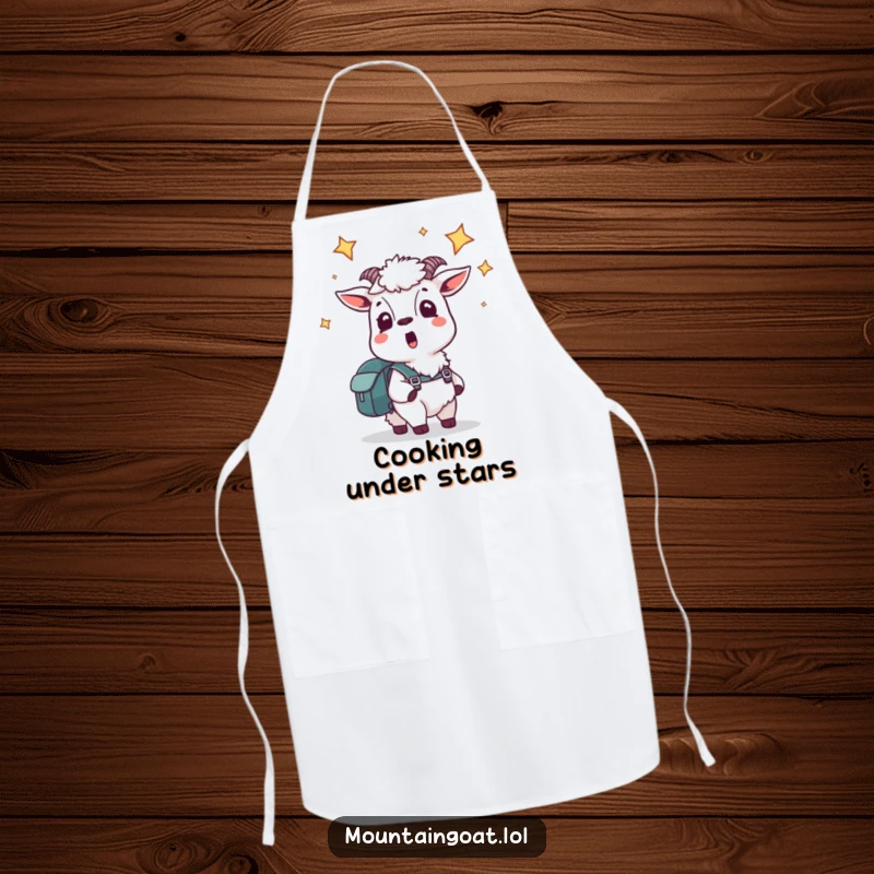 Funny apron featuring a startled mountain goat with a backpack looking up at stars, bringing cosmic humor to cooking.