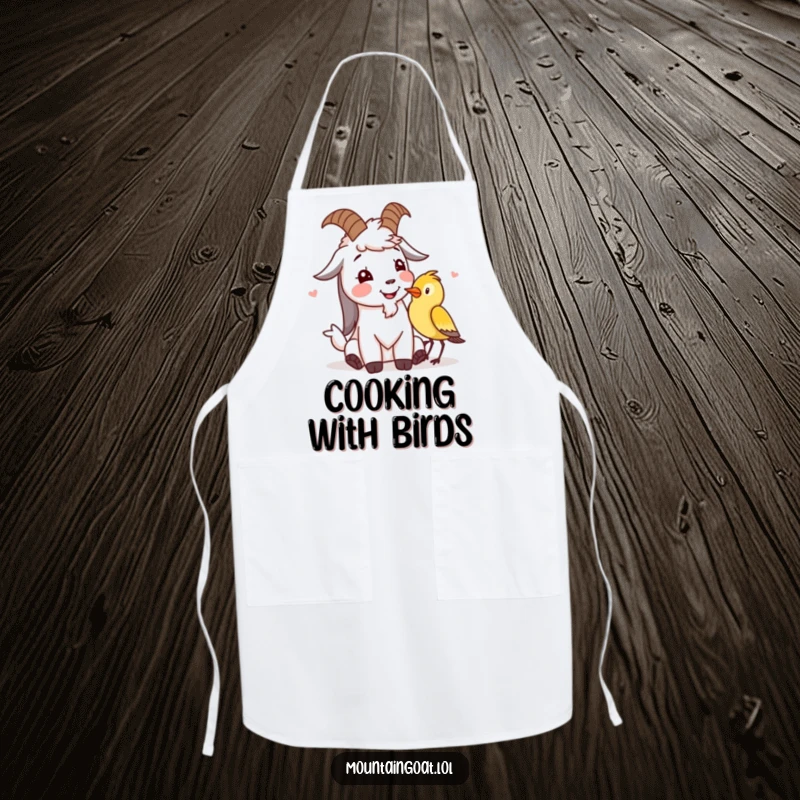 Funny mountain goat apron showing a character giggling with a bird, perfect for cooking with heartwarming and humorous flair.