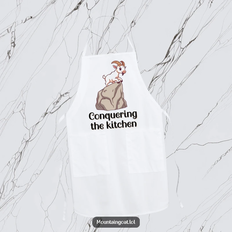 Funny brave mountain goat scaling a small cliff face, featured on a humorous apron for ambitious cooks.