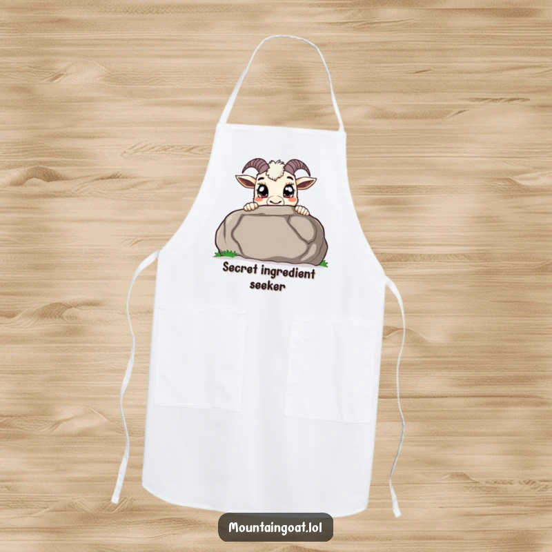 Funny curious mountain goat apron, peeking over a large boulder with wide pupils, a cute and functional accessory for kitchen exploration.