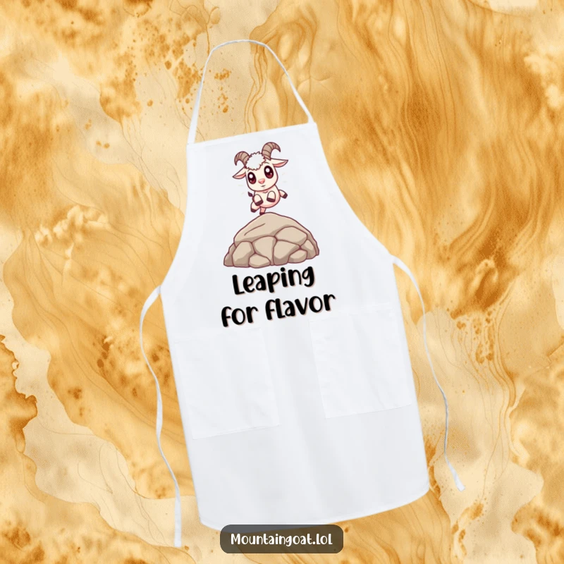 Funny Cute Goat Apron: A humorous apron showing a cute mountain goat with big eyes leaping energetically.