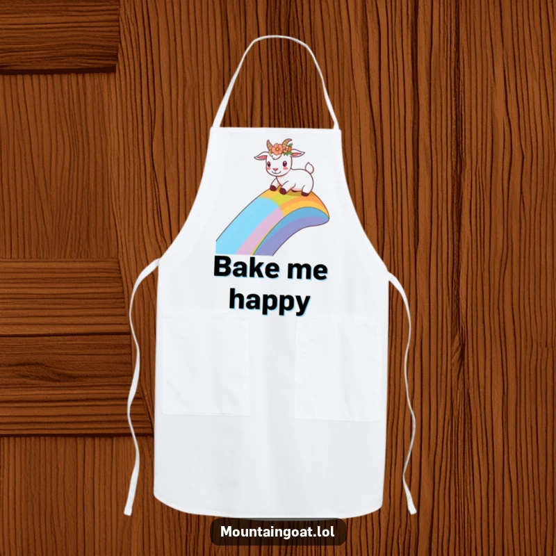 Funny goat with a flower crown sliding down a rainbow slope on an apron, providing cheerful protection for cooking activities.',