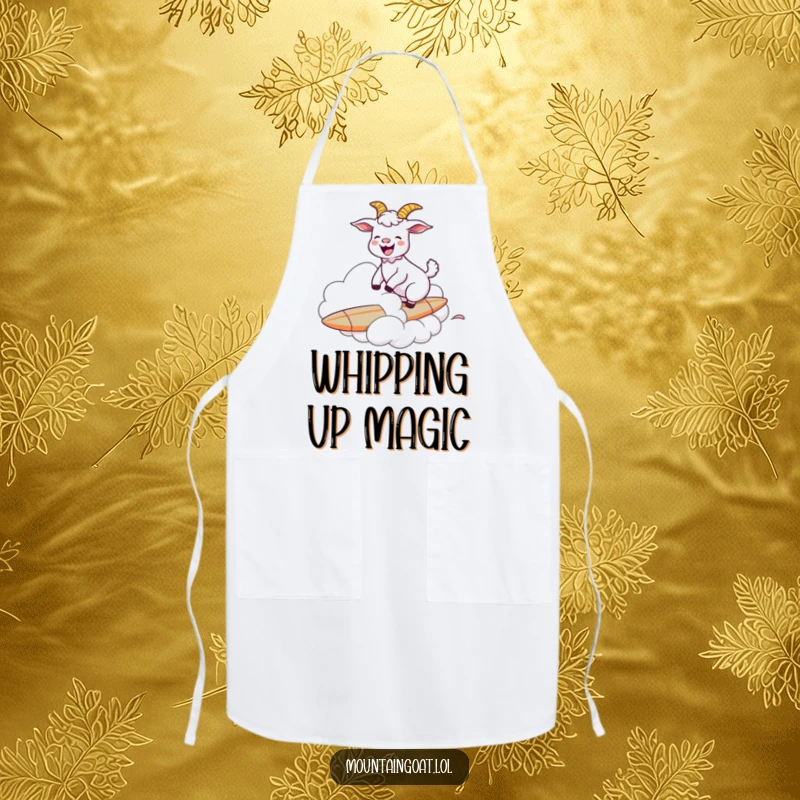 Funny goat humorously surfing on a cloud, printed on a kitchen apron, bringing lightheartedness to cooking tasks.