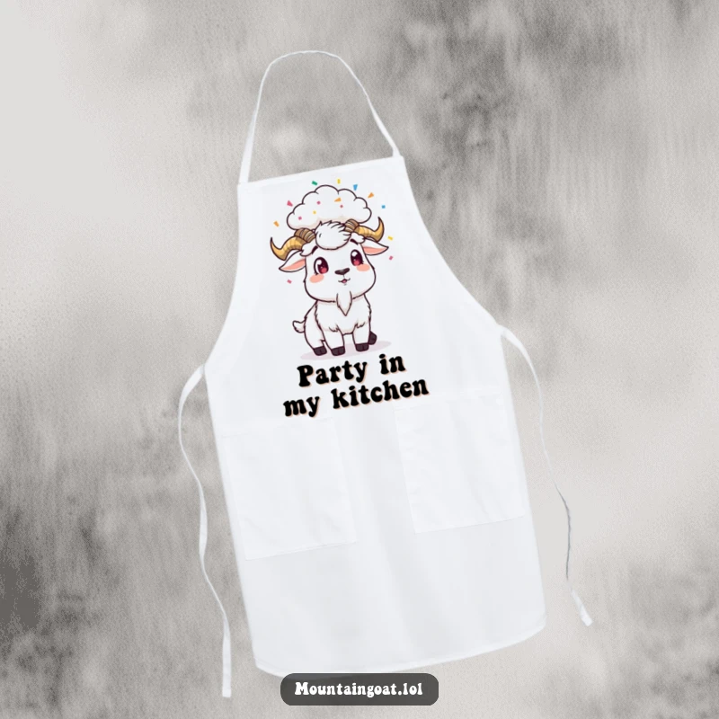 Funny Apron: A mountain goat looks surprised as confetti rains down from a small cloud, a festive kitchen accessory.