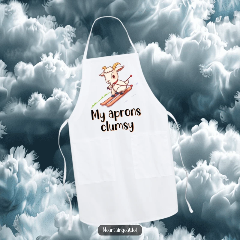Funny apron showing a goat awkwardly skiing down a grassy hill, perfect for keeping clothes clean and adding humor to cooking.
