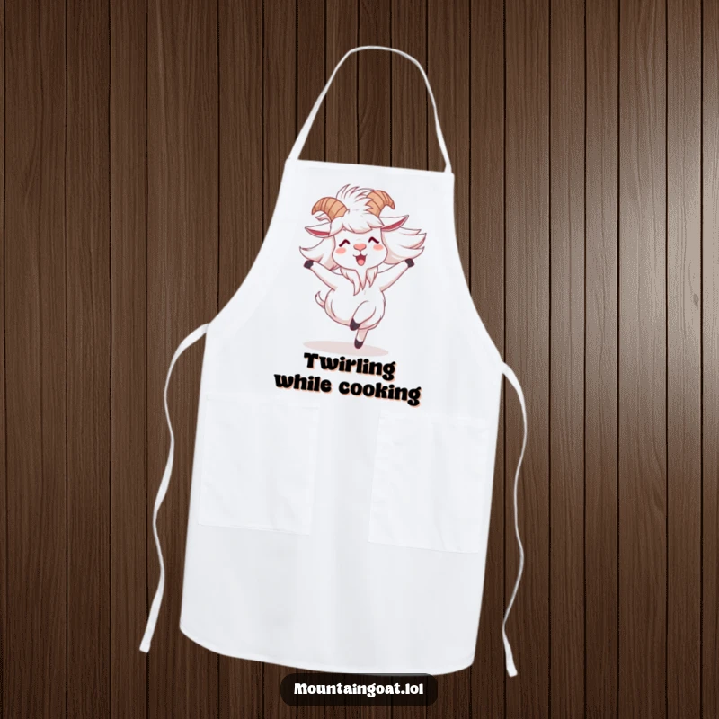Funny mountain goat apron showing a character joyfully spinning with windblown fur, perfect for cooking with energetic and humorous flair.