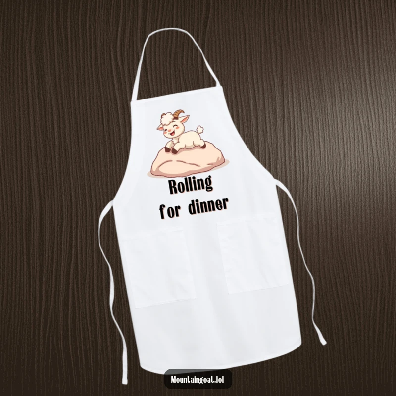 Funny kawaii mountain goat giggling and rolling down a hill, on a practical kitchen apron.