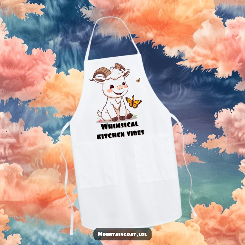 Funny kawaii mountain goat with a silly smile playing with a butterfly, perfect for a cheerful and humorous apron.
