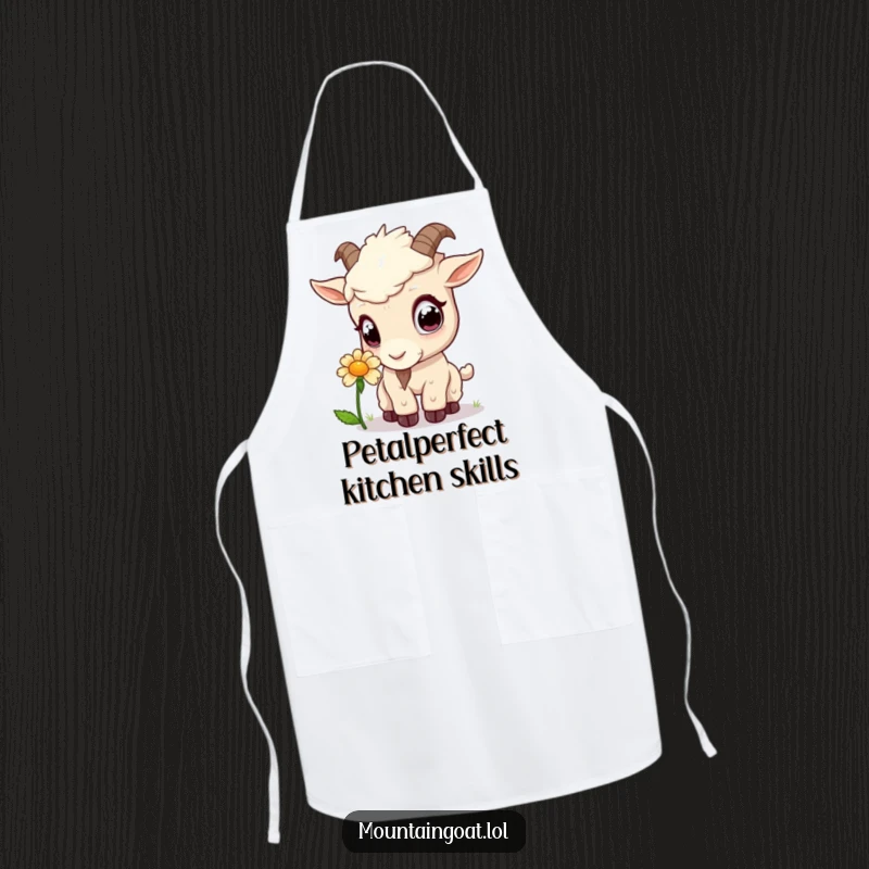 Funny kawaii mountain goat curiously sniffing a flower, featured on a functional and humorous kitchen apron.