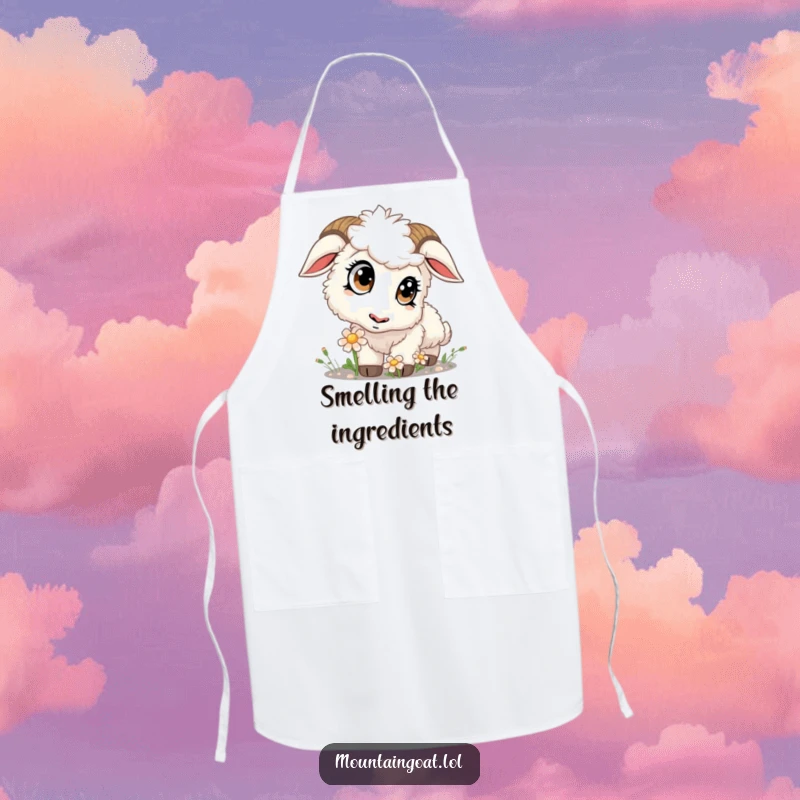 Funny kawaii mountain goat with big eyes sniffing a flower, a sweet and functional apron for culinary adventures.