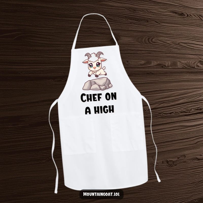 Funny kawaii mountain goat apron with big eyes, confidently leaping across a small gap, a stylish and humorous kitchen essential.