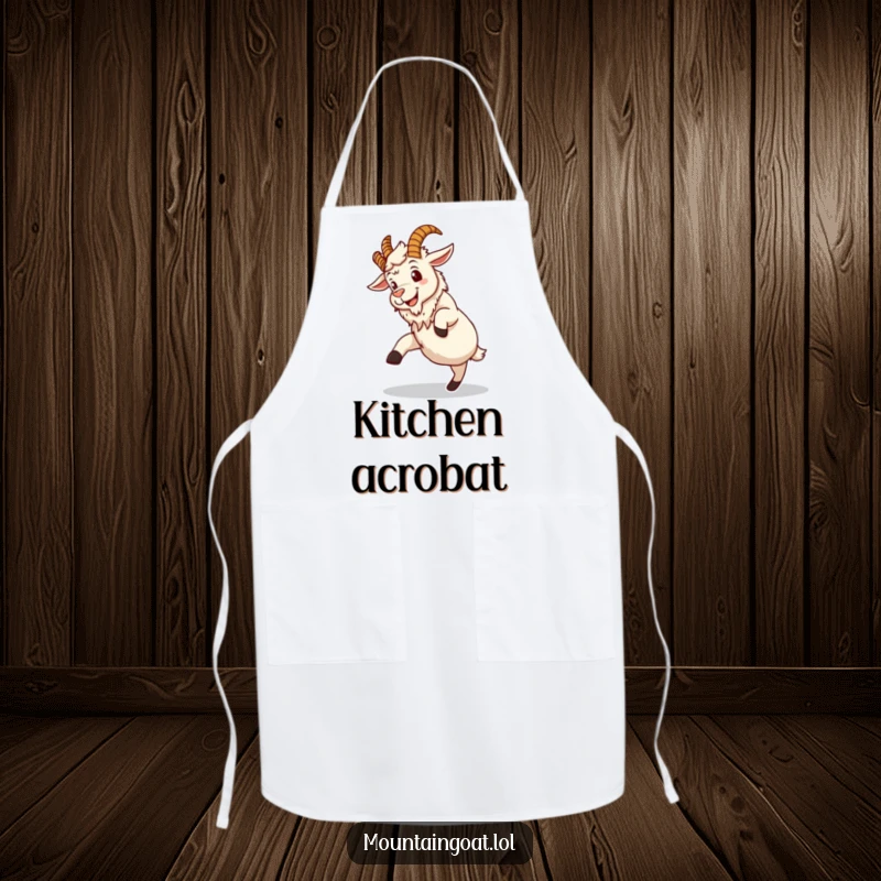 Funny apron featuring a grinning mountain goat hilariously attempting a clumsy somersault, ideal for kitchen humor and protection.