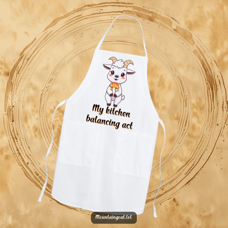 Funny mountain goat apron, a cheerful goat balancing a mushroom on its nose, perfect for humorous and stylish cooking.
