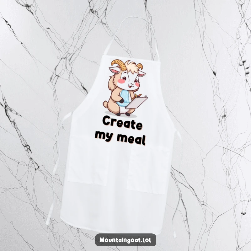 Funny happy mountain goat artist sketching a waterfall, a charming and practical apron for artists.