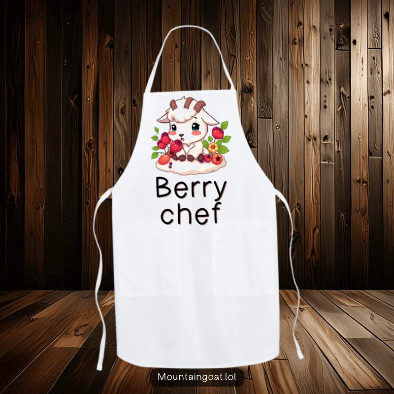 Funny mountain goat happily munching vibrant berries, kitchen nature theme, humorous apron, excellent funny gift.