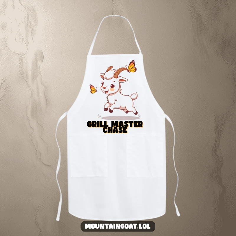 Funny mountain goat apron showing a playful character chasing a butterfly, perfect for adding humor and whimsy to kitchen tasks.
