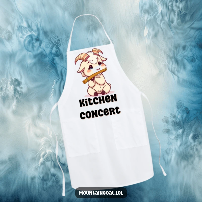 Funny Mountain Goat Flute Apron: A determined goat plays a tiny flute, adding humor and charm to your kitchen attire.