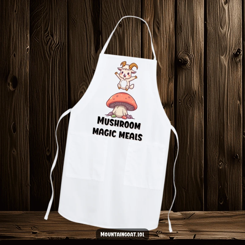 Funny mountain goat apron showing a joyful character happily bouncing on a big mushroom, perfect for kitchen fun and laughter.
