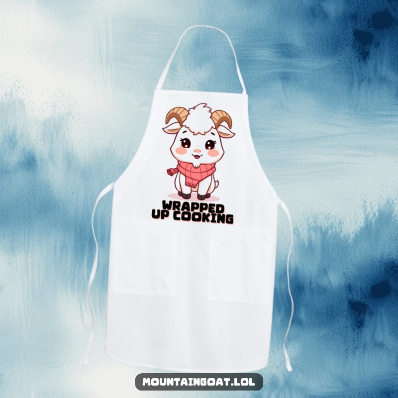 Funny Mountain Goat Scarf Apron: A smiling goat in a scarf brings warmth and humor to your kitchen attire.