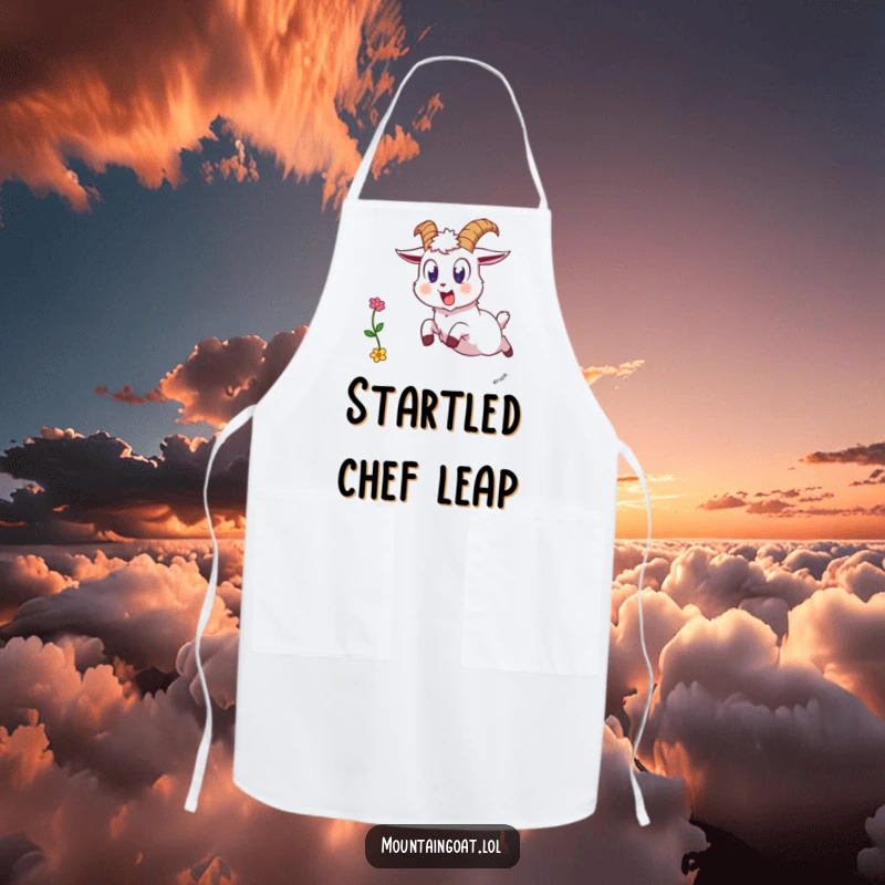 Funny startled goat apron, a goat jumping backward with wide eyes, dropping a flower, bringing comical surprise to cooking.