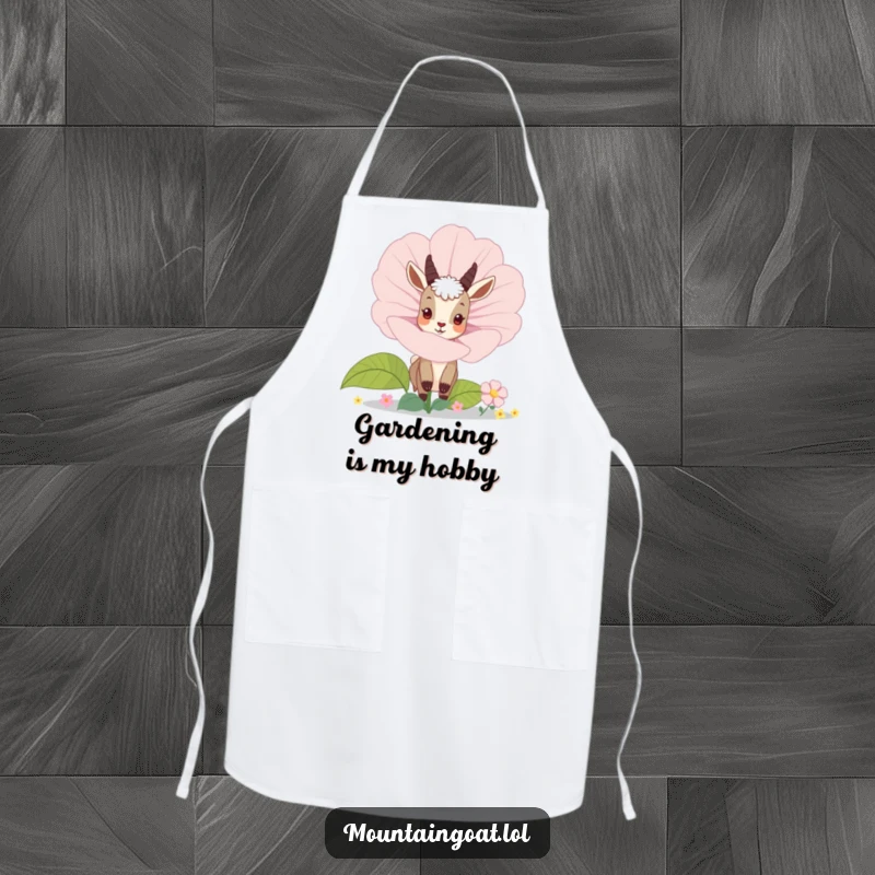 Funny mountain goat peeking behind a giant blooming flower, printed on a practical kitchen apron. Charming and useful.