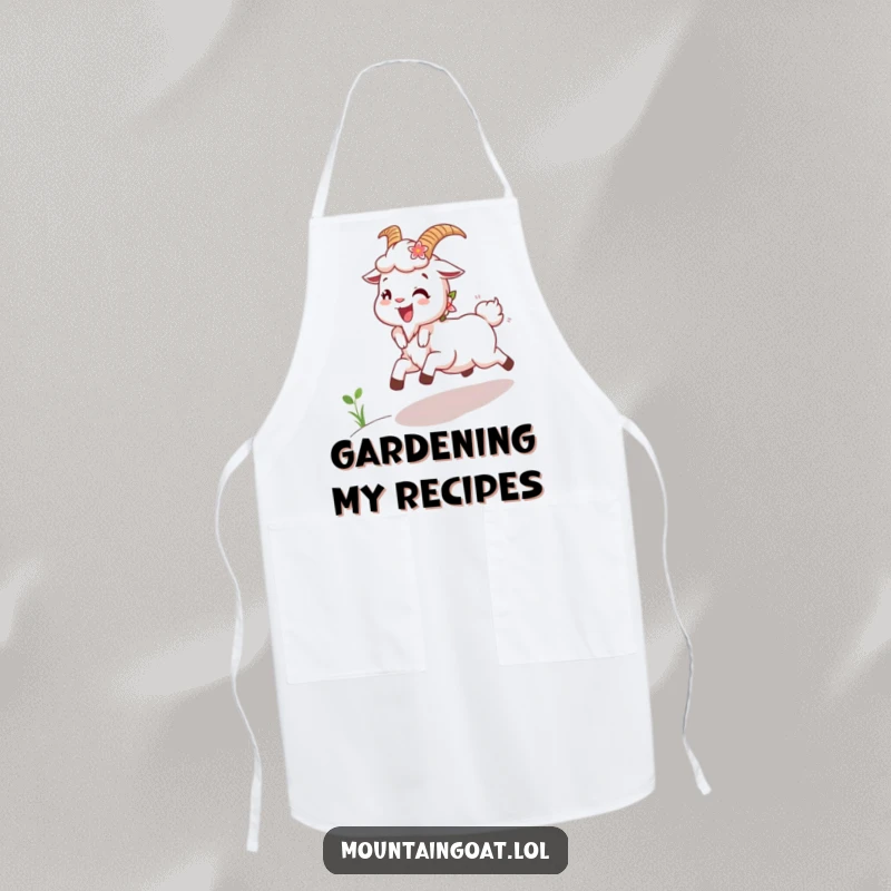 Funny Joyous Goat Apron: A humorous apron showing a happy mountain goat with flowers in its fur skipping uphill with joy.