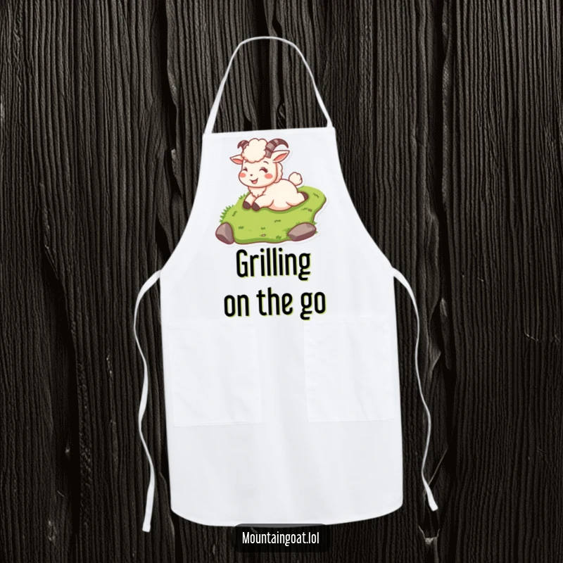 Funny mountain goat on an apron, sliding down a grassy slope smiling, perfect for cooking fun.
