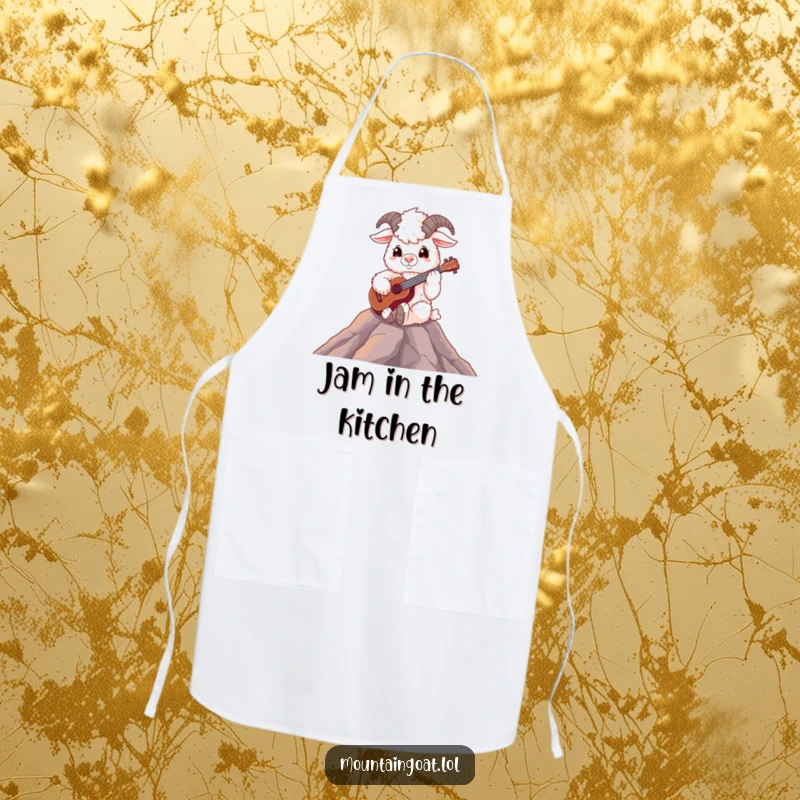 Funny fluffy mountain goat playing a ukulele on a peak, a charming and practical apron for kitchen performers.