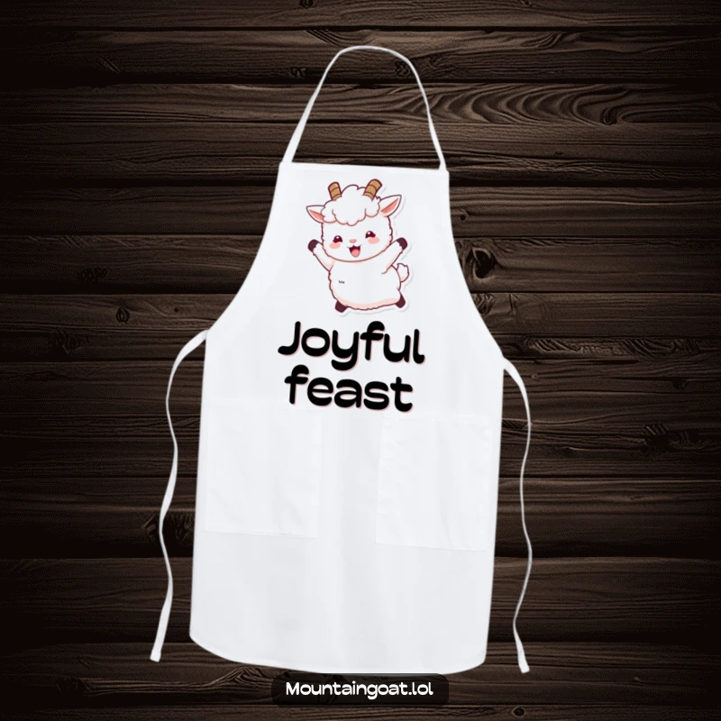 Funny apron featuring a fluffy white mountain goat with tiny horns leaping joyfully, ready to add some fun to any cooking task.