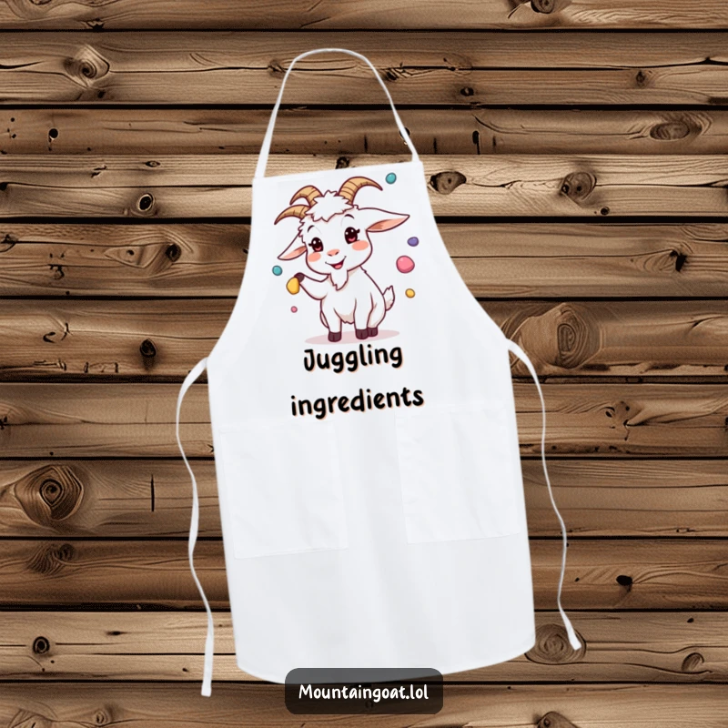 Funny apron illustration of a goat juggling pebbles with a silly expression, perfect for keeping clothes clean and adding humor to cooking.