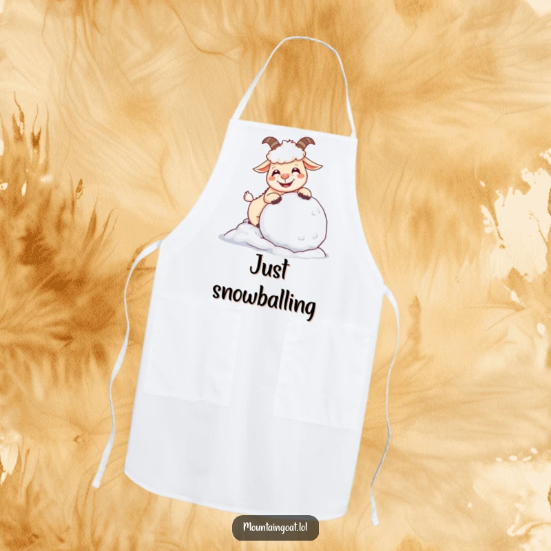 Funny giggling mountain goat playfully nudging a snowball, illustrated on a practical, humorous apron for culinary fun.