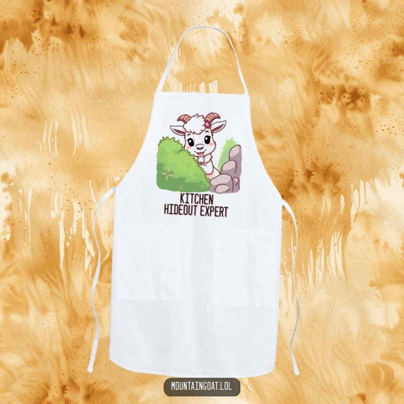 Funny mountain goat apron showing a mischievous goat playing hide-and-seek behind a bush, adding humor to kitchen activities.