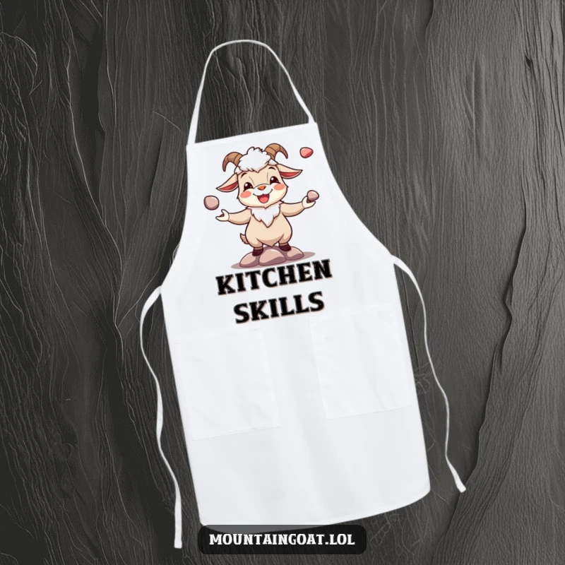 Funny joyous mountain goat juggling pebbles, printed on a practical kitchen apron. Humorous and useful.