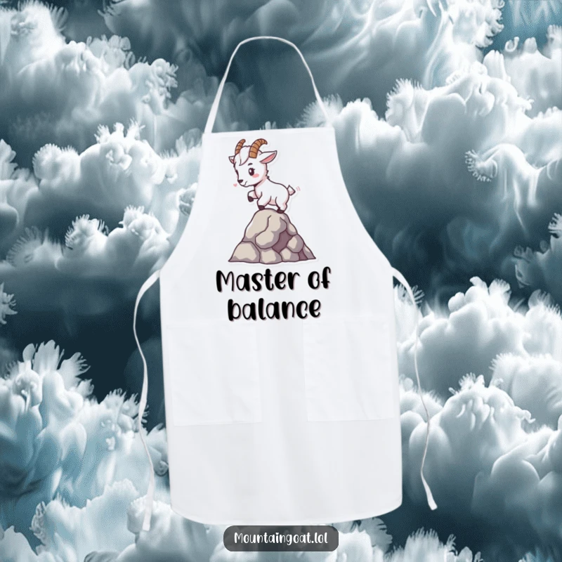 Funny tiny mountain goat apron, balancing expertly on a single rock, a cute and functional accessory for culinary endeavors.