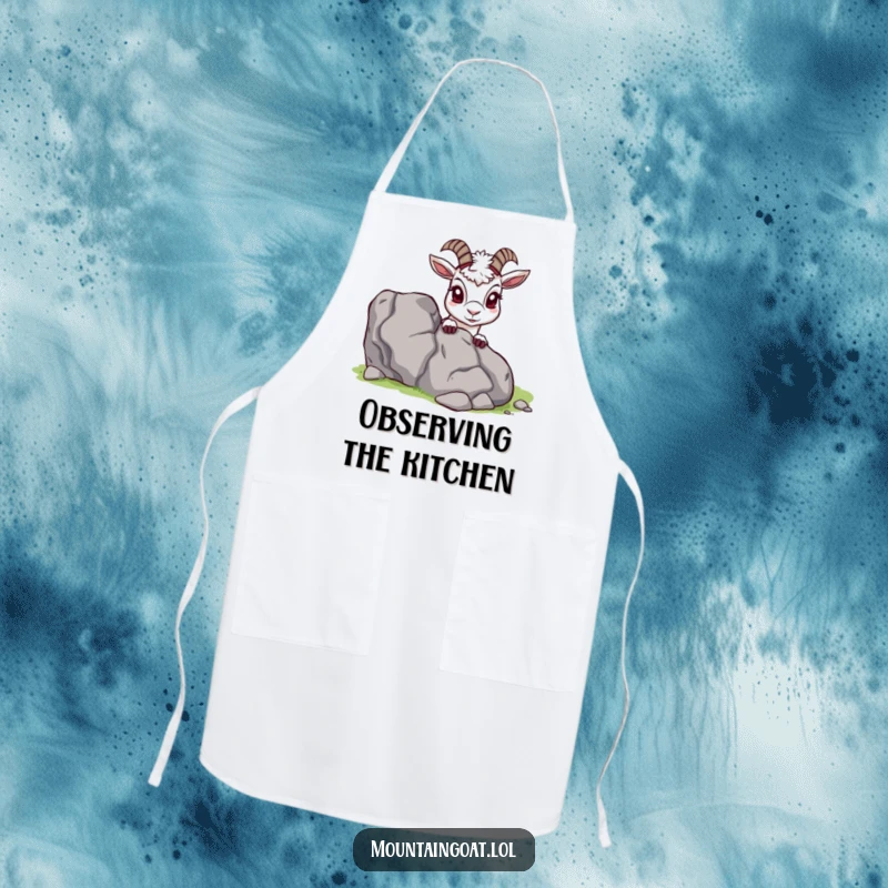 Funny Mountain Goat Apron, peeking playfully from behind a rock, kitchen accessory, adding humor to cooking, great funny gift.