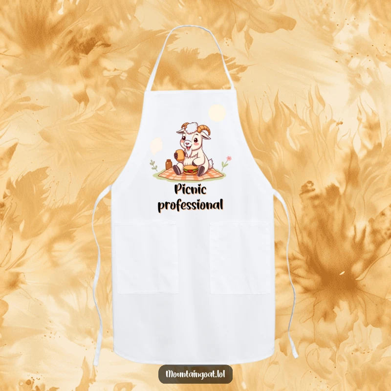 Funny mountain goat apron showing a chef goat with a tiny sandwich at a picnic, adding humor to kitchen activities.