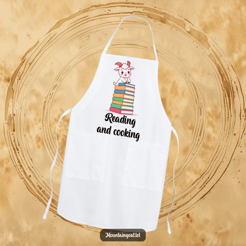 Funny determined mountain goat character apron, cheerfully climbing a stack of oversized books, a humorous and practical kitchen accessory.