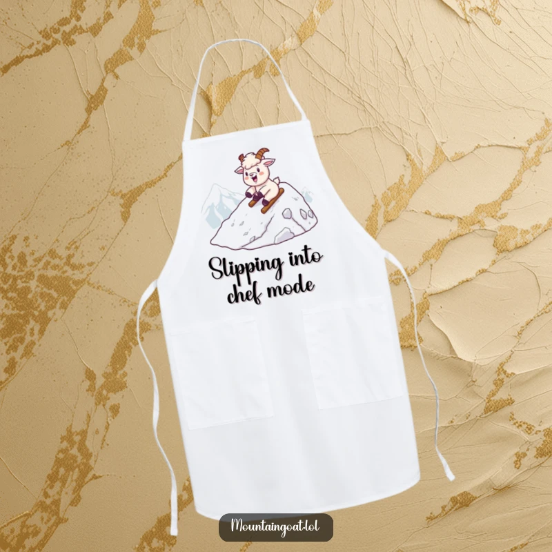 Funny kawaii mountain goat sliding down a snowy peak, featured on a functional and humorous kitchen apron.