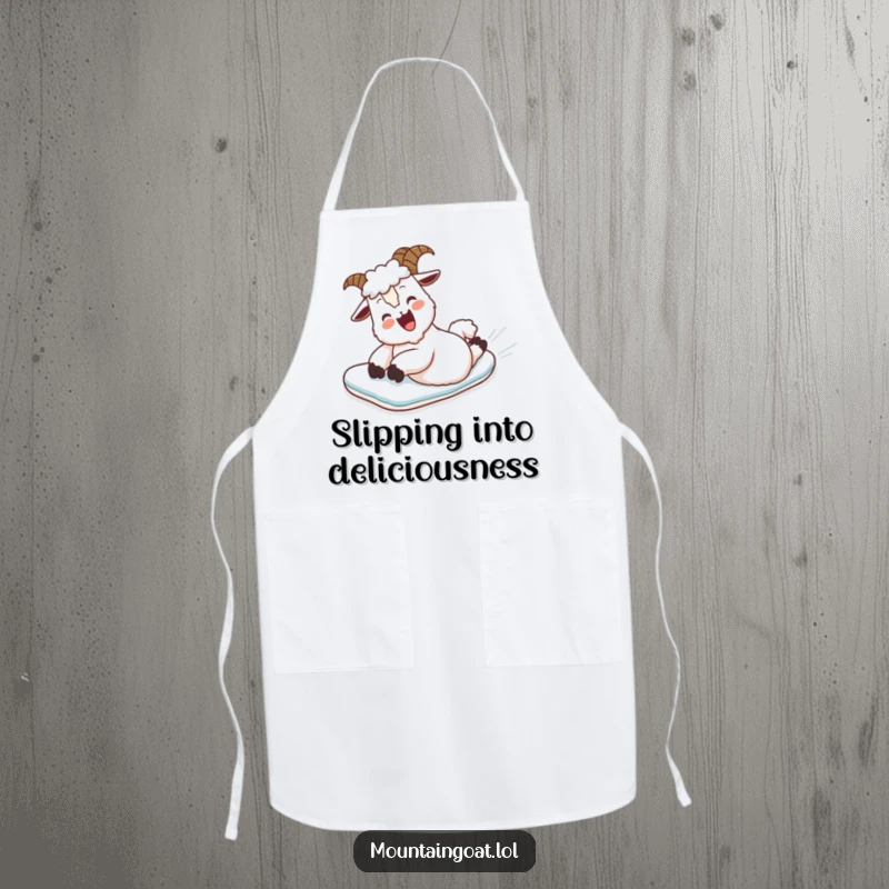 Funny Apron: A mountain goat belly slides down a snowy slope, perfect for a humorous cooking companion.