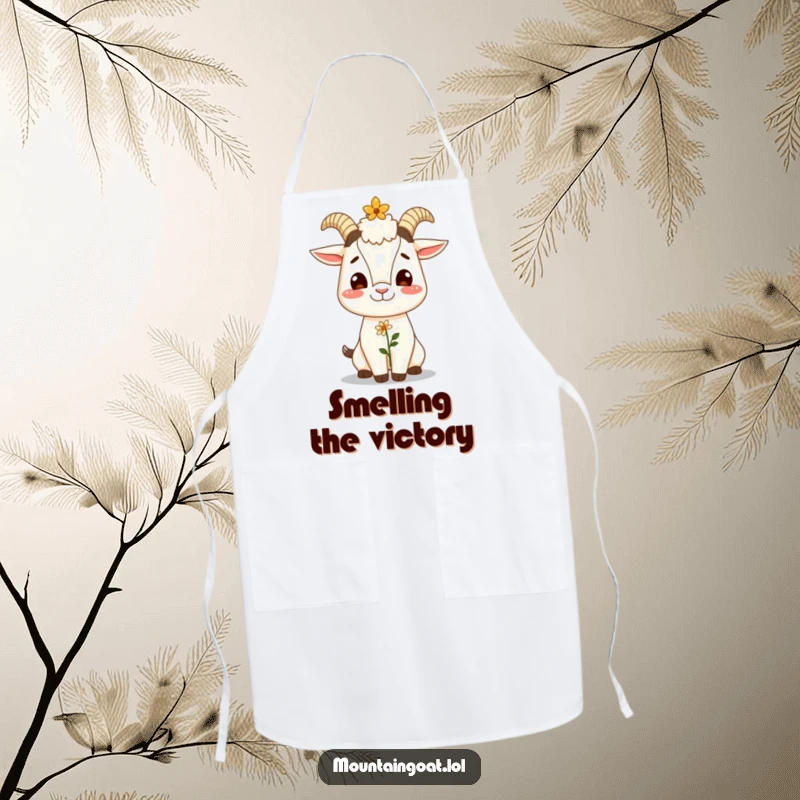 Funny apron featuring a giggling mountain goat balancing a flower on its nose, bringing cheerful humor to the kitchen.
