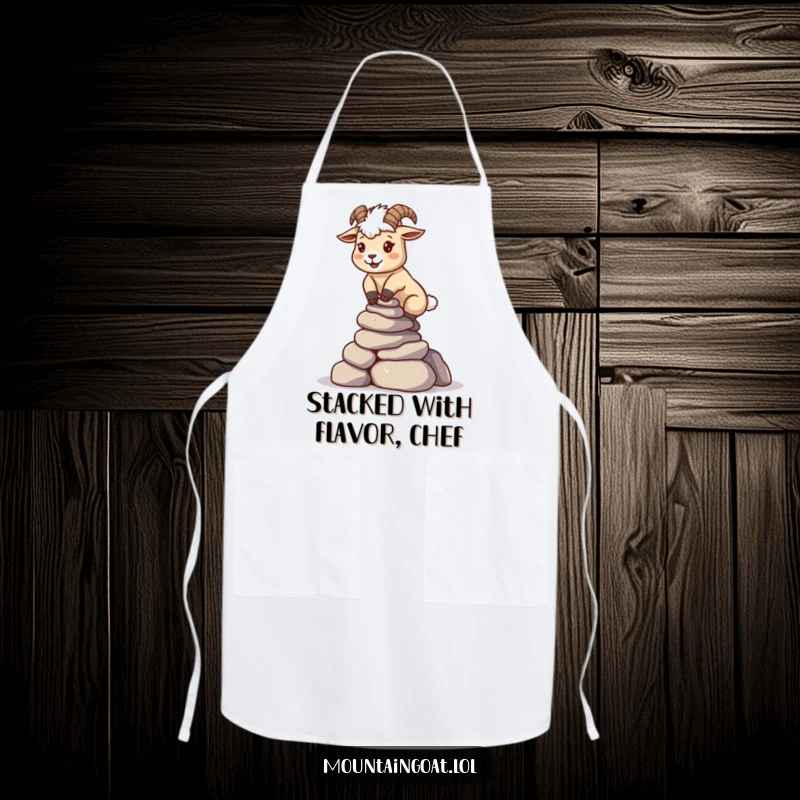 Funny kawaii mountain goat balancing a stack of rocks, featured on a functional and humorous kitchen apron.