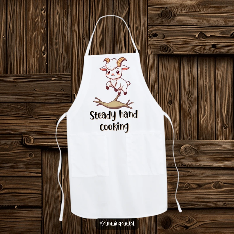 Funny kawaii mountain goat balancing on a thin branch, perfect for a stylish and humorous cooking apron.