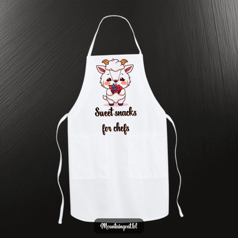 Funny Blushing Goat Berries Apron, showing a shy goat offering berries, perfect for kitchen activities with a sweet touch.