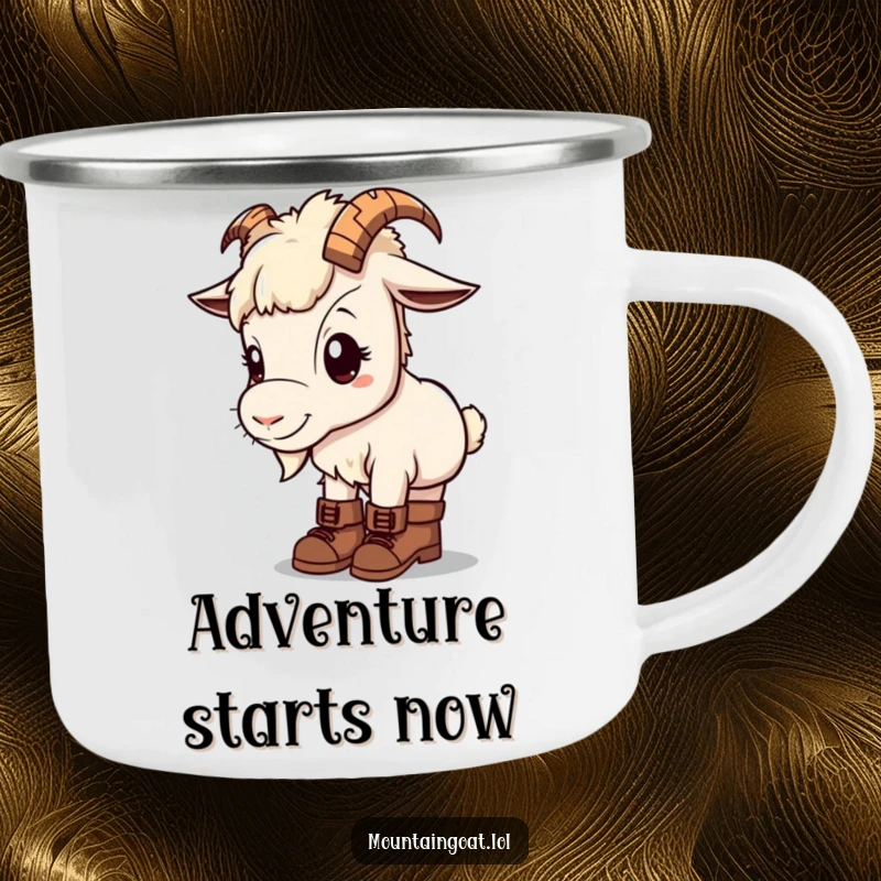 Kawaii mountain goat on a camping mug, wearing tiny hiking boots, looking curious, ready for adventure.