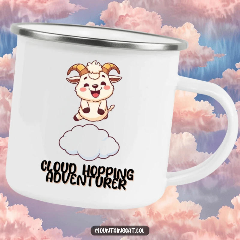 Funny fluffy mountain goat character camping mug, leaping over a tiny cloud with a wide grin, perfect for outdoor use.